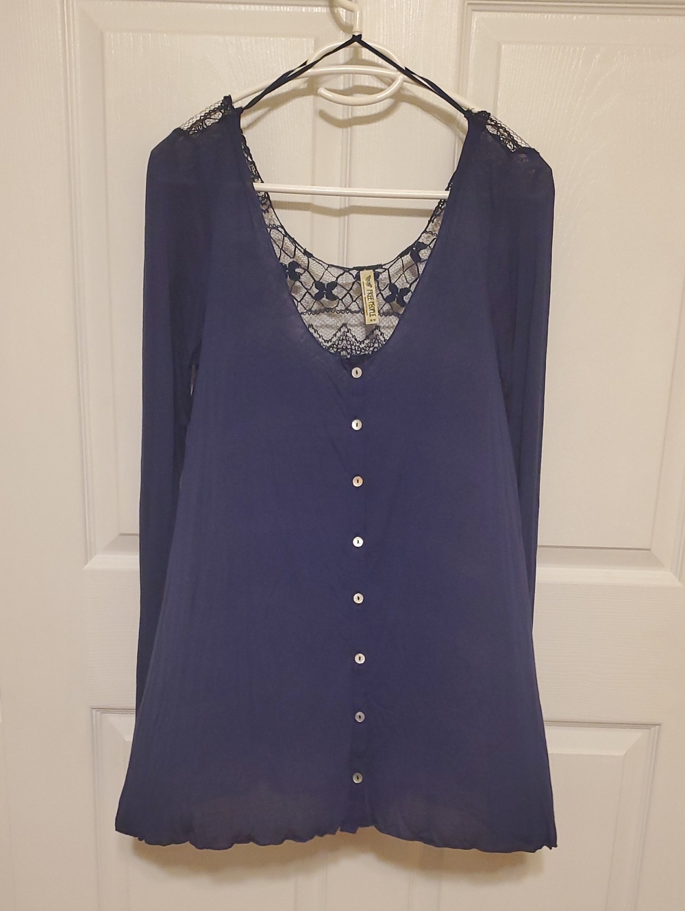 Free People Navy Lace-Trim Button-Front Long Sleeve Top